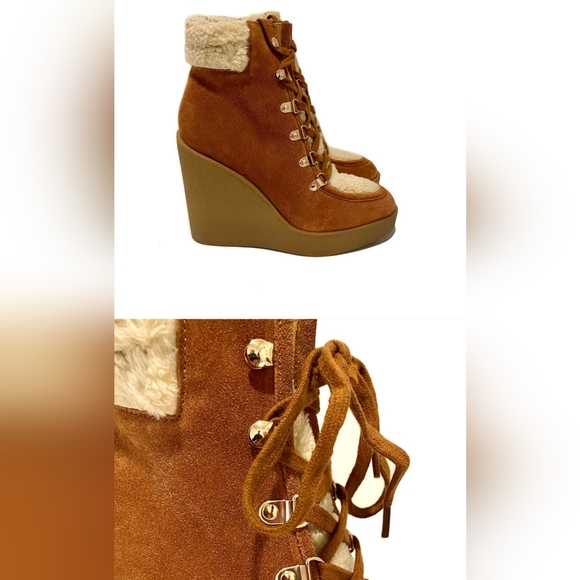 Jessica Simpson Maelyn Fleece Fur Leather Suede Wedge Lace Zip Up Heel Boots 8 M - Picture 4 of 8